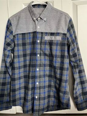 Jackthreads men’s medium gray denim, blue & black button up flannel